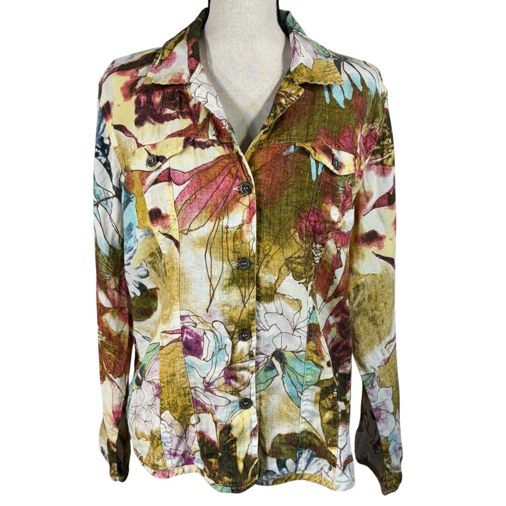 Chico’s SZ 2 (Large) Jacket Button-Up Linen Collared Long Sleeve Floral Pockets